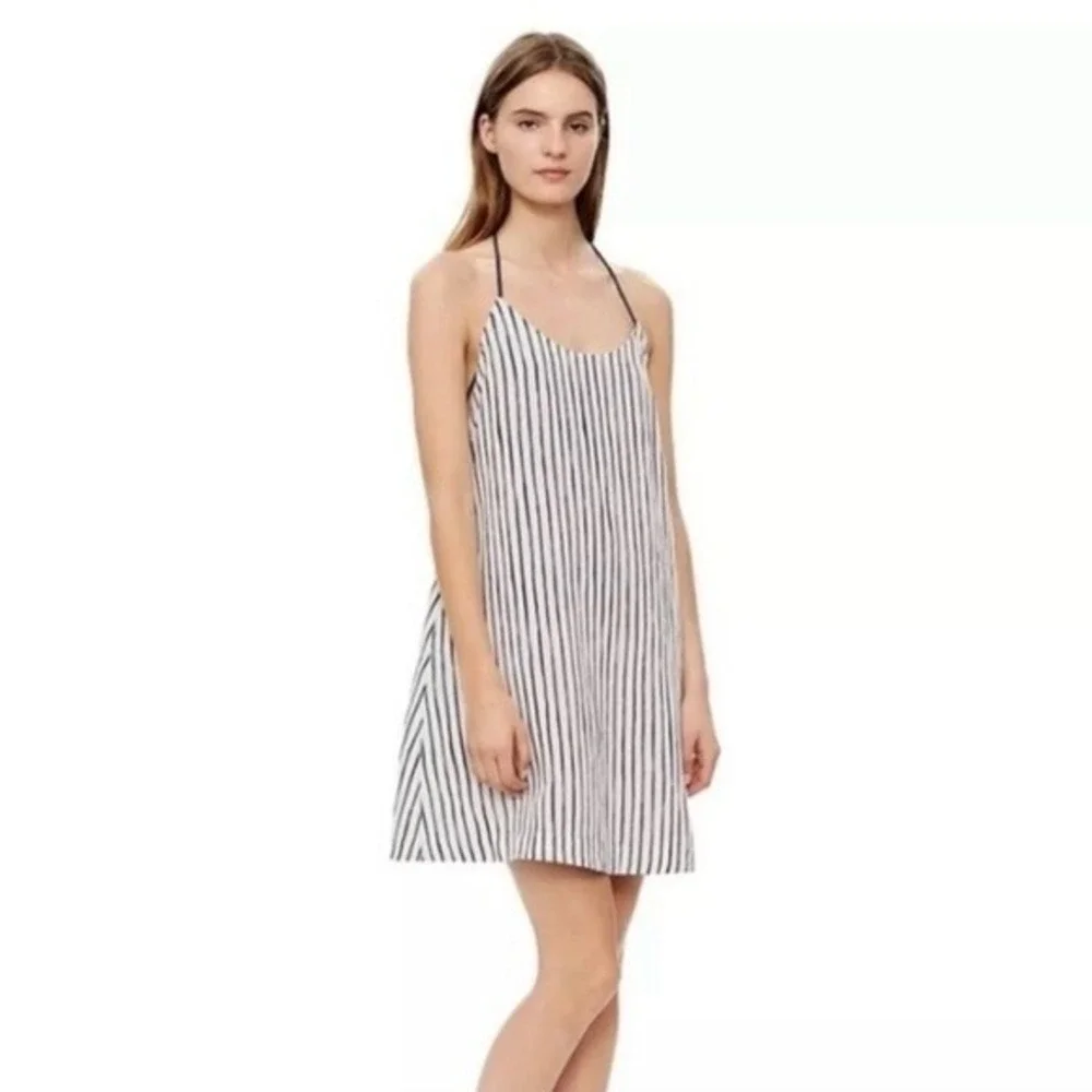 Tory Burch Striped Halter Dress Women XS Blue White Linen Rayon Tassel Tie Beach